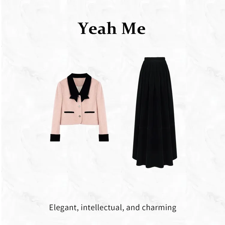 Yeah Me/也觅【迷雾甜心】冬季新款小香风慵懒感外套半身裙套装女装
