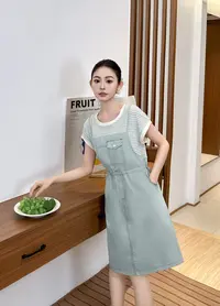 2025夏季新款条纹T恤拼接背带连衣裙连身裙两件套9200【裙长96】