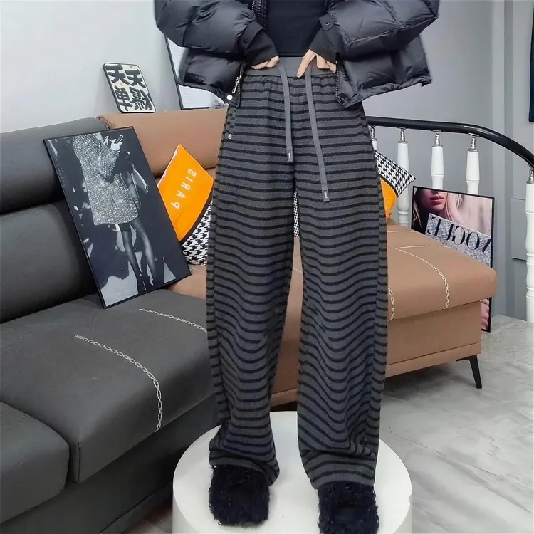 2025秋冬新加绒运动条纹常规款高腰休闲裤显瘦弯刀阔腿裤百搭休闲