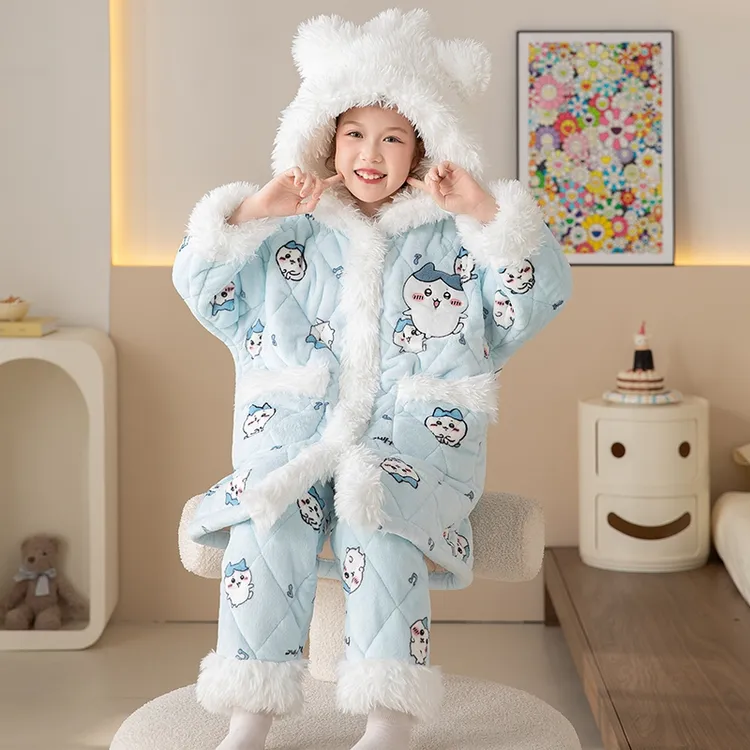 儿童睡衣冬季加厚款女童保暖加厚三层夹棉小八女孩可爱家居服套装