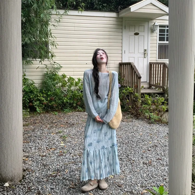 春季时尚高级感两件套气质针织上衣印花设计修身半身裙两件套