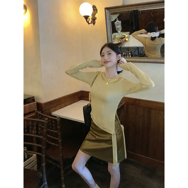 不规则飘带设计感长袖恤皮包臀半身裙女2025秋季新款时尚套装