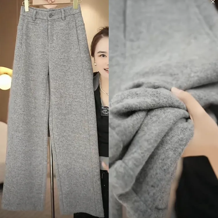雅鹿软糯毛呢窄版阔腿裤女2025秋冬季新款潮流显瘦加绒加厚直筒裤
