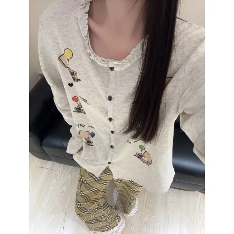 甜美风卡通kitty蕾丝花边睡衣女春秋新款大码长袖长裤家居服套装