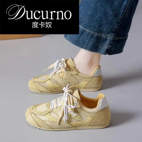 DUCURNO 真皮网面德训鞋女款2025款双鞋带透气显脚小休闲运动女鞋