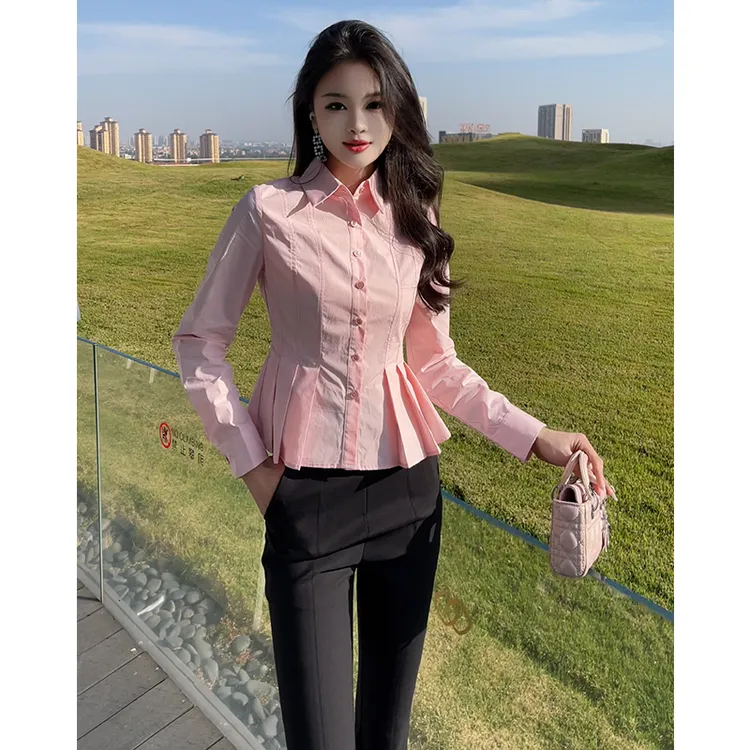 格润雅设计感百褶下摆收腰衬衫上衣女2025新款高腰修身显瘦喇叭裤