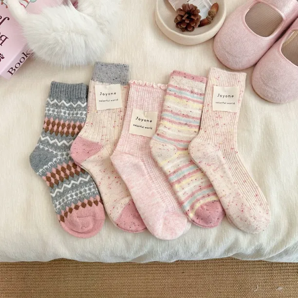 粉灰系含羊毛袜子女中筒袜秋冬加绒加厚保暖甜美点子纱堆堆袜日系