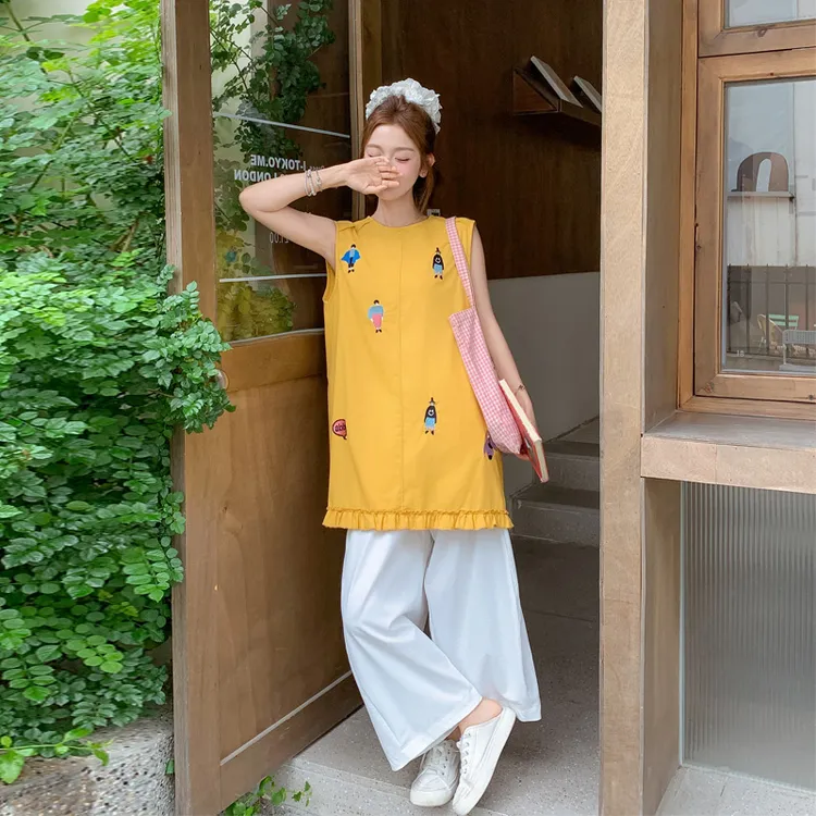 卡通刺绣无袖衬衫阔腿裤套装2025夏季新款森系甜美复古减龄两件套