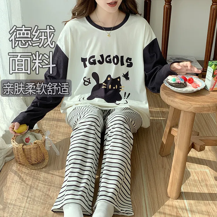 300斤德绒大码睡衣女长袖秋季胖mm宽松学生少女卡通家居服套装女