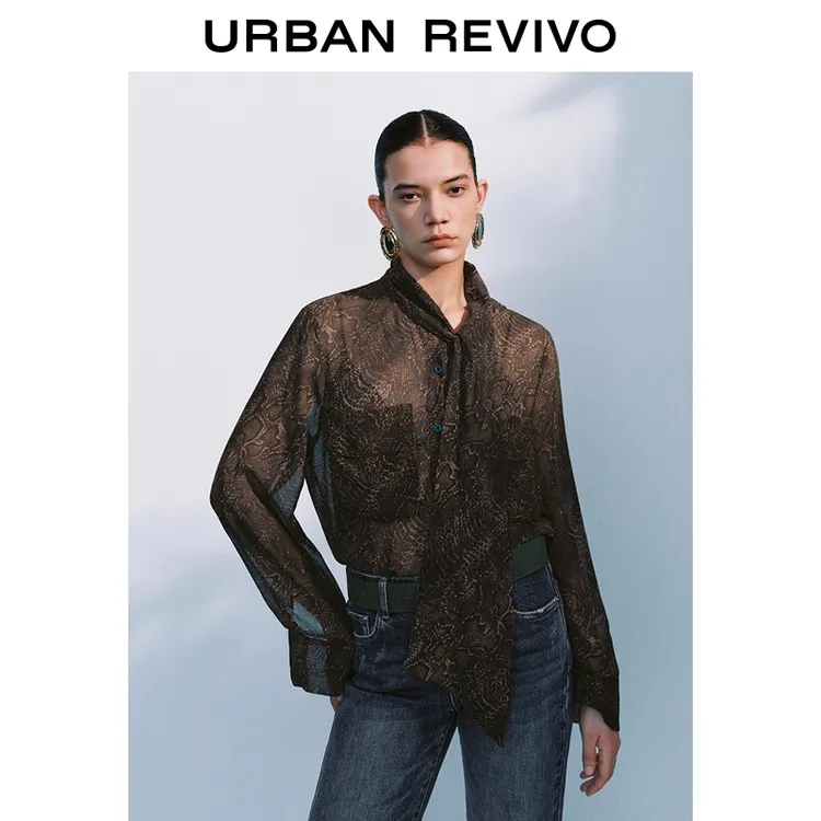 UR2025秋季新款女装复古飘带领纹理感长袖开襟衬衫UWJ250051