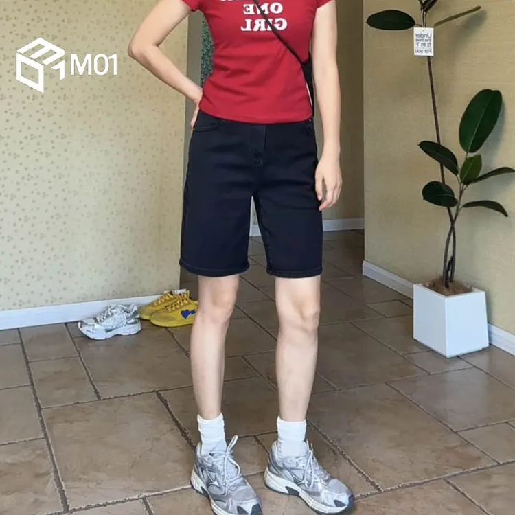M01大码女装夏季高腰弹力直筒牛仔短裤胖mm显瘦显腿长阔腿五分裤