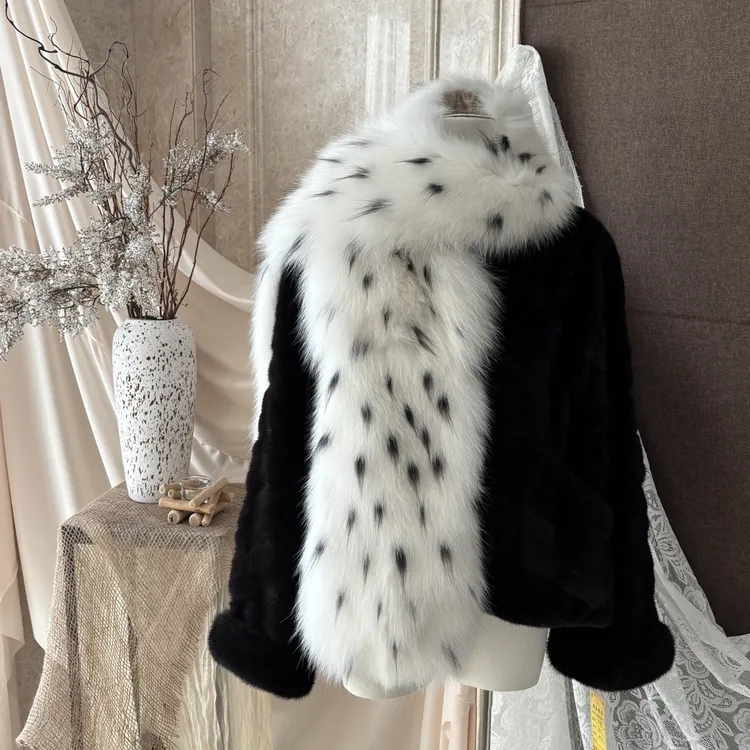 梦莎曼【韩系甜酷】芬兰进狐狸毛斑点设计皮草披肩围脖围巾