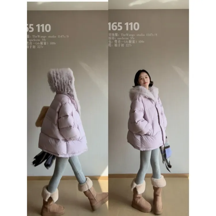 MARIE.COCO韩系新款高级韵味紫色连帽加厚长款棉服秋冬面包服外套