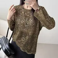 镂空长袖圆领薄款极简风毛针织衫蕾丝套头宽松衬衫