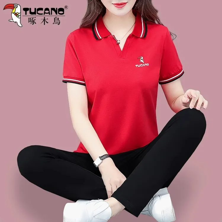 啄木鸟纯棉运动套装女夏季新款短袖休闲时尚中年妈妈夏天两件套