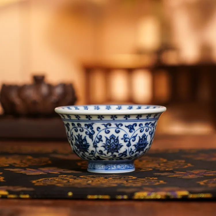 刘建锋窑内外满绘缠枝莲压手杯喝茶陶瓷喝茶品茗LJF215茶杯