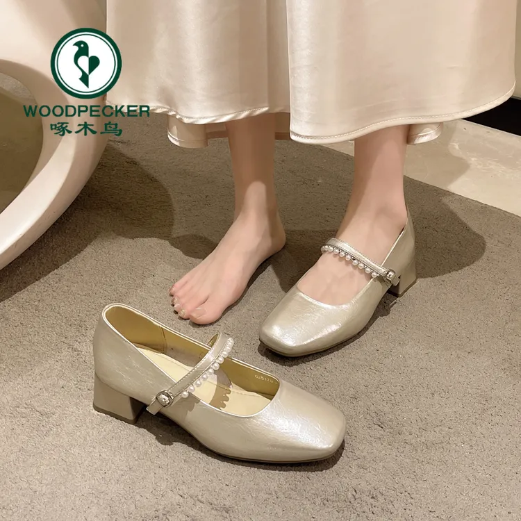 啄木鸟法式方头玛丽珍单鞋女2025秋夏新款粗跟配礼服香槟色女鞋潮