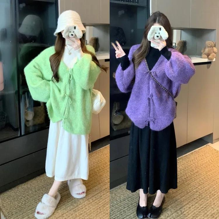 橙子家-秋冬装立领打底毛衣裙宽松毛衣外套网红针织时尚百搭加厚