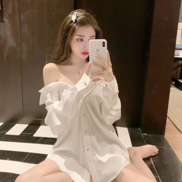 性感男友风衬衫透光高级感V领睡衣露肩诱惑设计感白色宽松气质