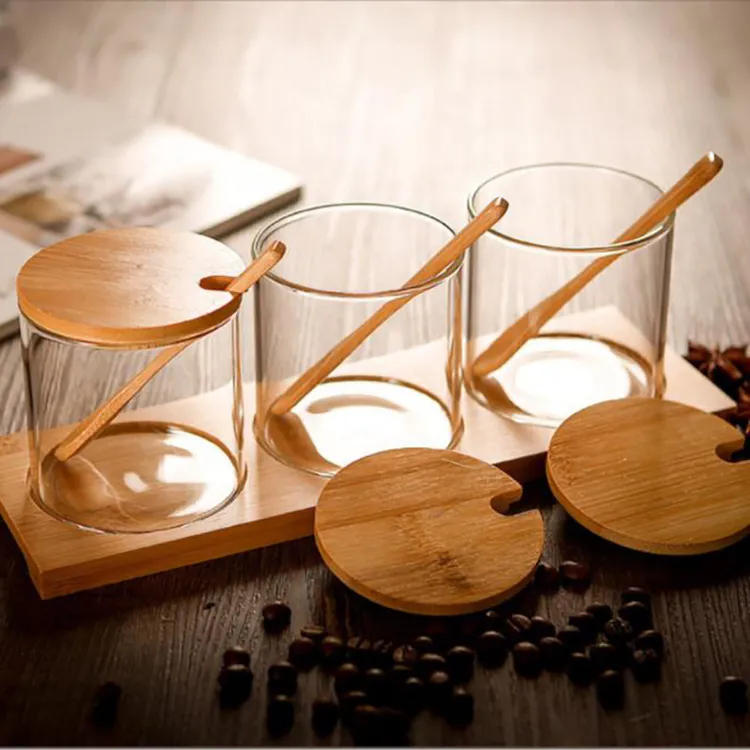 家用厨房盐罐调料盒 透明玻璃竹木架调料罐组合套装玻璃调味瓶