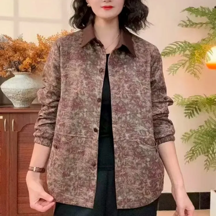 2025秋冬季新款妈妈装外套翻领碎花长袖宽松时尚洋气中老年女装秋