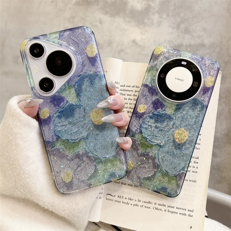 适用华为pura70pro+手机壳闪粉高级感油画花朵mate70硅胶网红女套