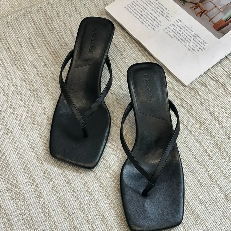 慕林娜  新款真皮方头高跟夹趾细跟人字拖鞋女50708