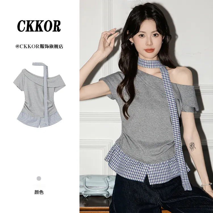CKKOR新款复古拼接斜肩短袖t恤女夏季时尚气质设计款穿搭露肩上衣
