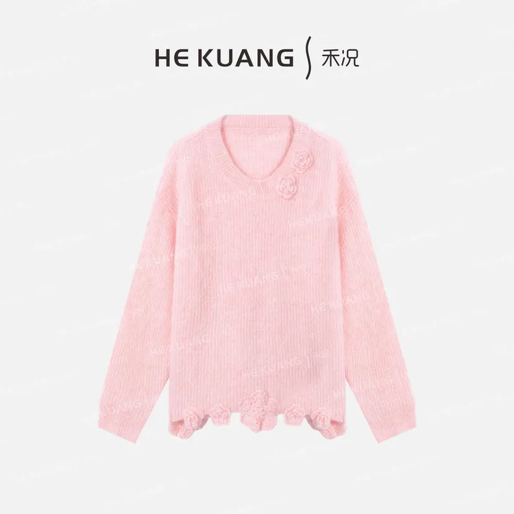 禾况HEKUANG琥珀流光【桃林花簇】绵羊毛立体花饰冬季上衣X655 0963