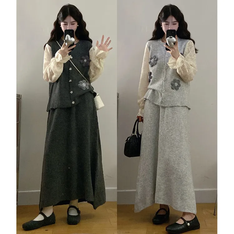 大码胖mm套装秋装新款立体花朵蕾丝拼接上衣毛衣半身裙两件套女
