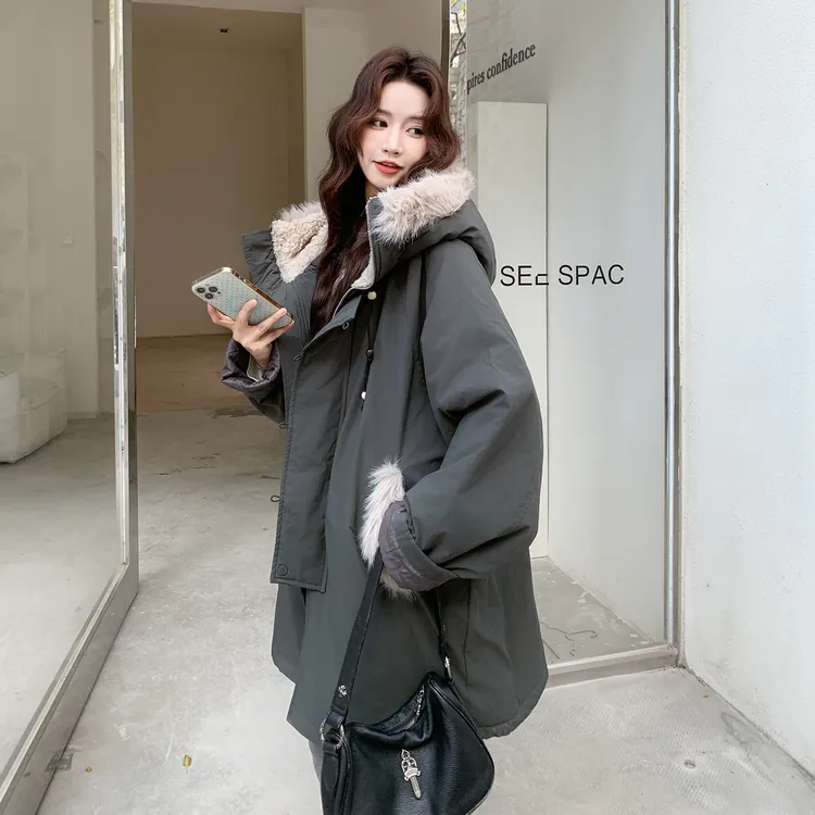 中长款连帽保暖派克服女款冬季韩版宽松大码加厚夹棉棉衣棉服外套