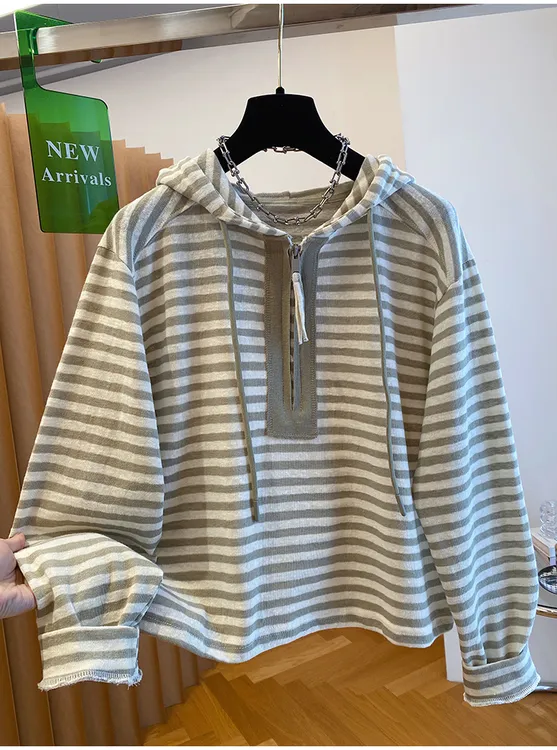 胖mm大码韩系连帽半拉链条纹长袖T恤女秋季宽松卫衣打底帽衫上衣