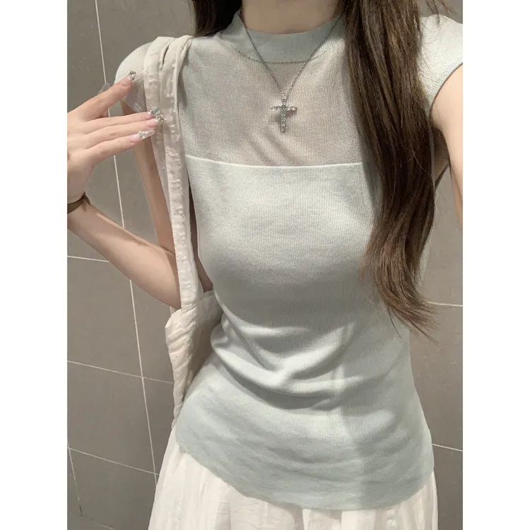 夏季韩版纯欲透视拼接轻薄冰丝针织衫女百搭短袖T恤气质修身上衣