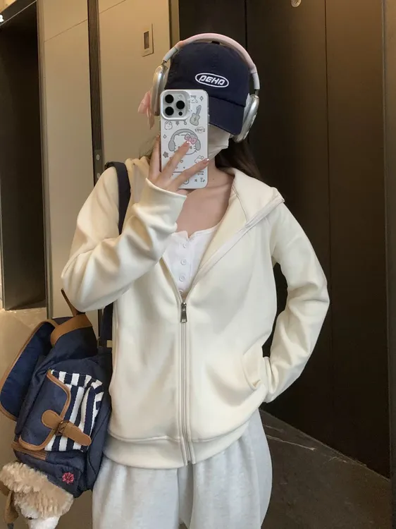 泡芙岛  美式新连帽高领拉链运动开衫外套女春秋冬百搭正肩卫衣