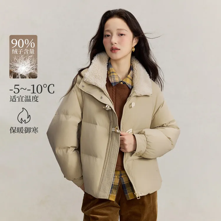 茵曼可露丽风加厚保暖鸭绒羽绒服2025时尚仿羊羔毛翻领短外套