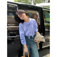 【西西里安】 浪漫绮想~韩版温柔设计款蓝条纹系带衬衫