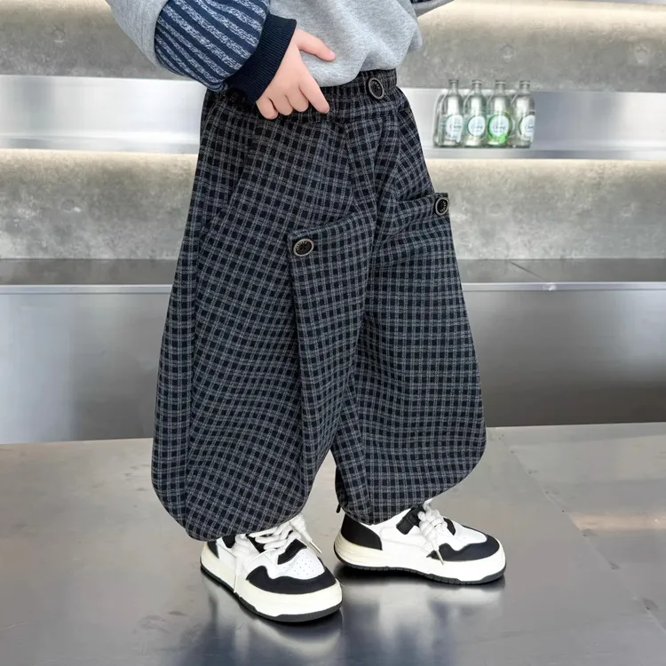 男童加绒裤子秋冬装格子裤2025冬季新款儿童加厚一体绒休闲裤长裤