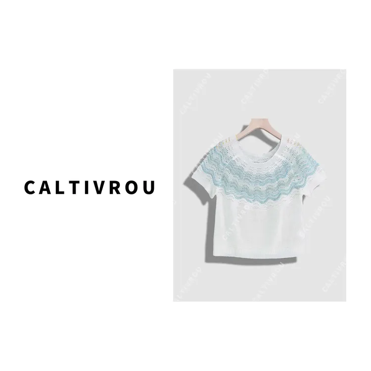 Caltivrou时尚百搭亮片镂空圆领针织T恤-Y17073
