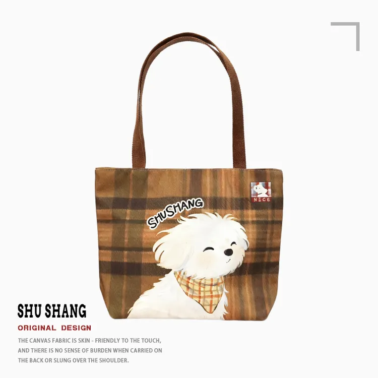 SHUSHANG围脖网红小狗印花单肩托特包单肩布包通勤帆布包上班通勤