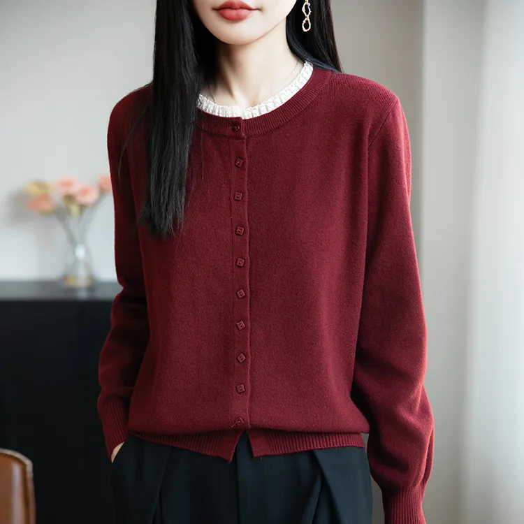 时尚纯100羊毛衫女装2025秋季新款撞色蕾丝圆领开衫宽松显瘦毛衣