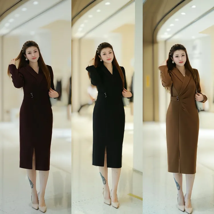 XYD71765加绒加厚秋冬款优雅修身大码女装连衣裙时尚气质开叉名媛