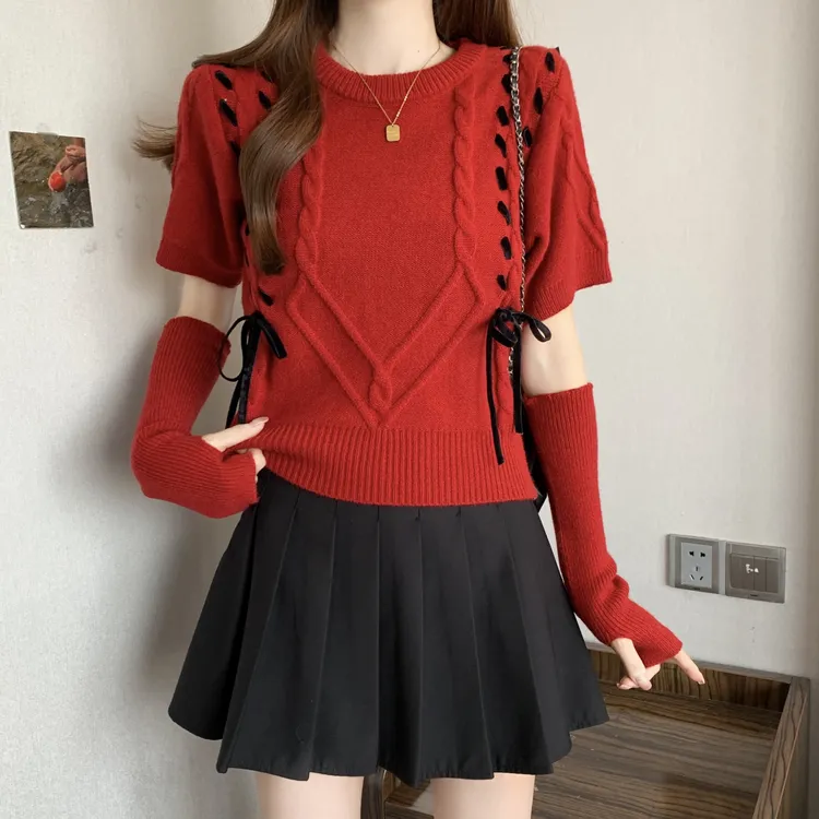 高级感纯欲撞色蝴蝶结针织打底衫毛衣女春秋季温柔风韩版气质上衣