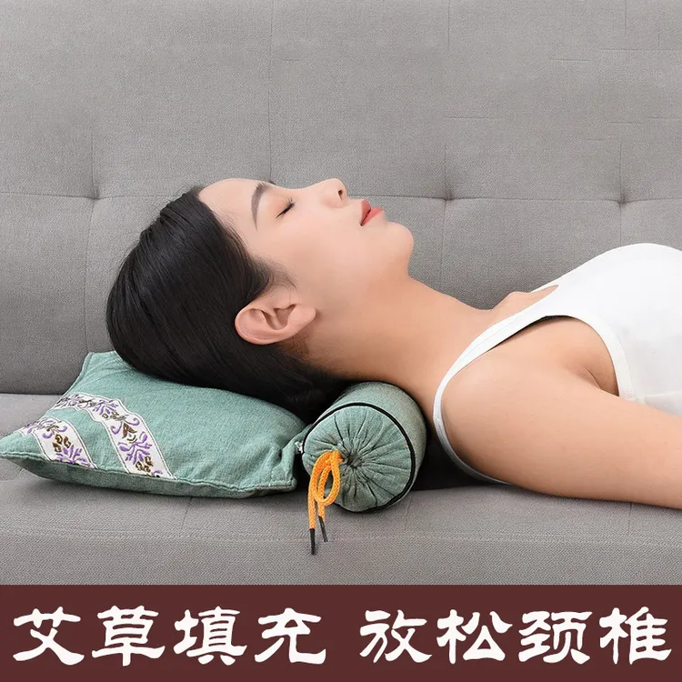 艾草枕头纯艾颈椎枕圆柱连体组合家用护颈枕可拆洗艾灸枕艾草枕