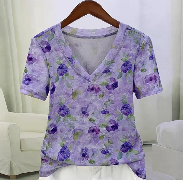 紫色花朵昆瘦短袖印花短款植物花卉v领夏季T恤透气时尚圆领A2117