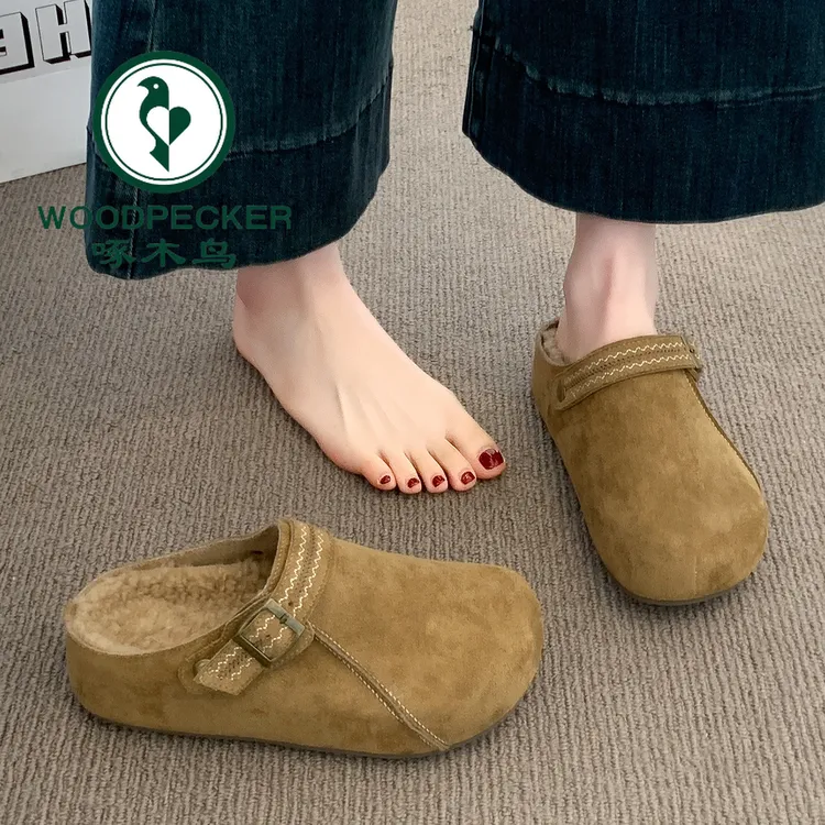 啄木鸟勃肯鞋内增高半拖鞋女外穿2025新款秋冬加绒一脚蹬包头拖鞋
