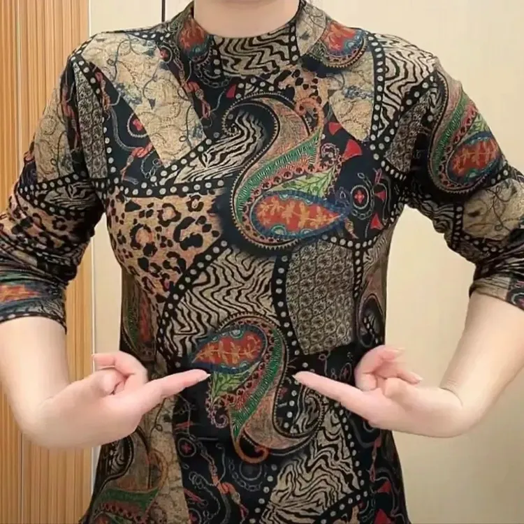 2025秋冬新款中老年印花弹力外穿女打底衫长袖T恤半高领妈妈百搭