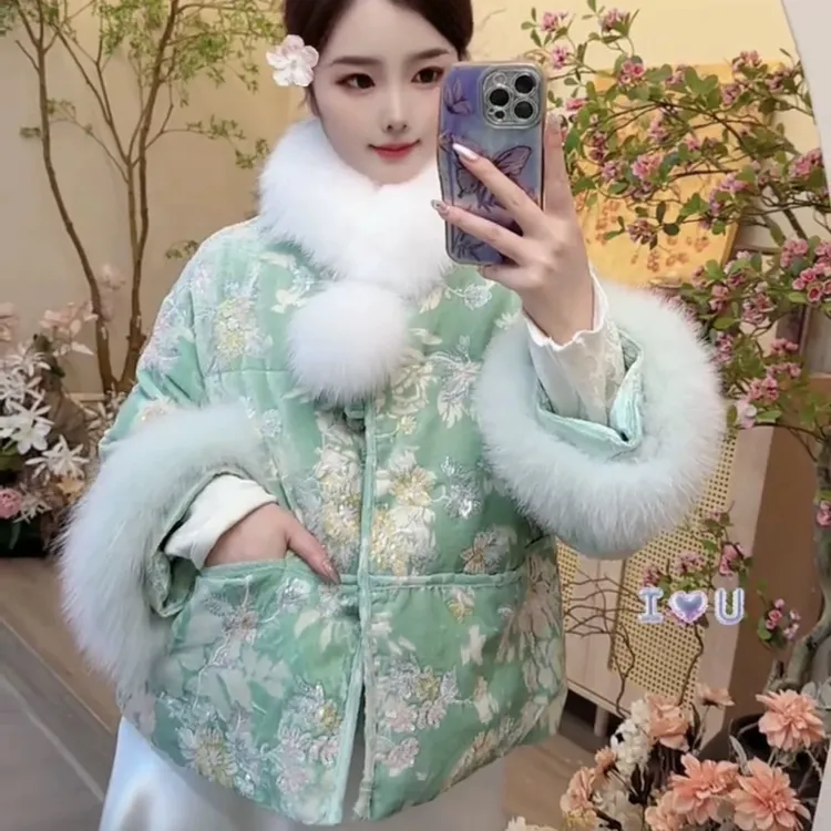 狐狸毛亮片刺绣国风羽绒服女冬新款重工钉珠精致90白鸭绒外套077