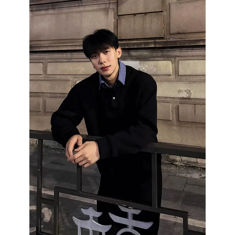 斌子同款假两件衬衫领卫衣男款秋季撞色拼接高级感痞帅长袖polo衫