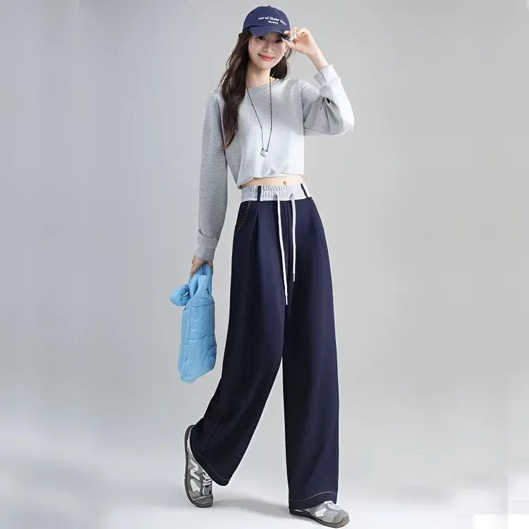 713夏季休闲裤蓝色宽松垂感高腰春秋百搭长裤窄版宽松直筒阔腿裤