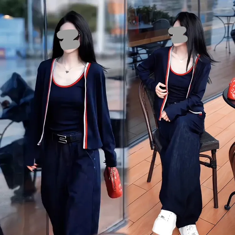 2025秋季新款韩版时尚修身撞色背心开衫两件套女显瘦洋气百搭上衣